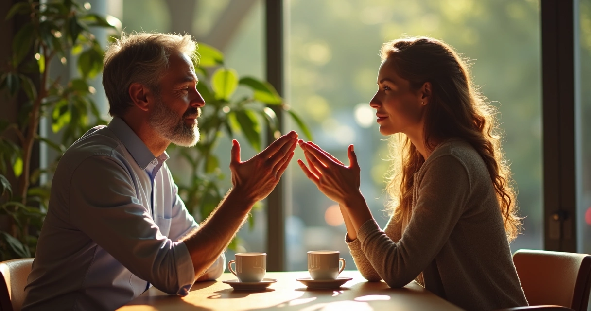 Duas pessoas sentadas frente a frente em conversa, expressão calma, ambiente iluminado por luz natural.