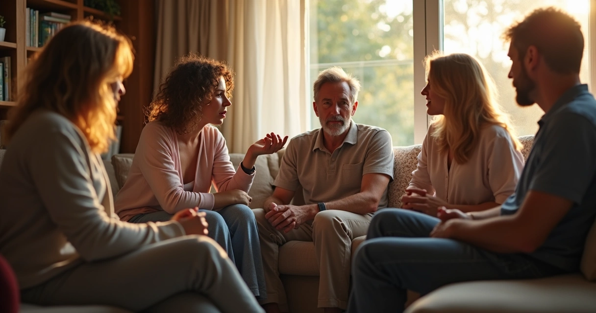 Grupo de amigos conversando sinceramente em uma sala iluminada 