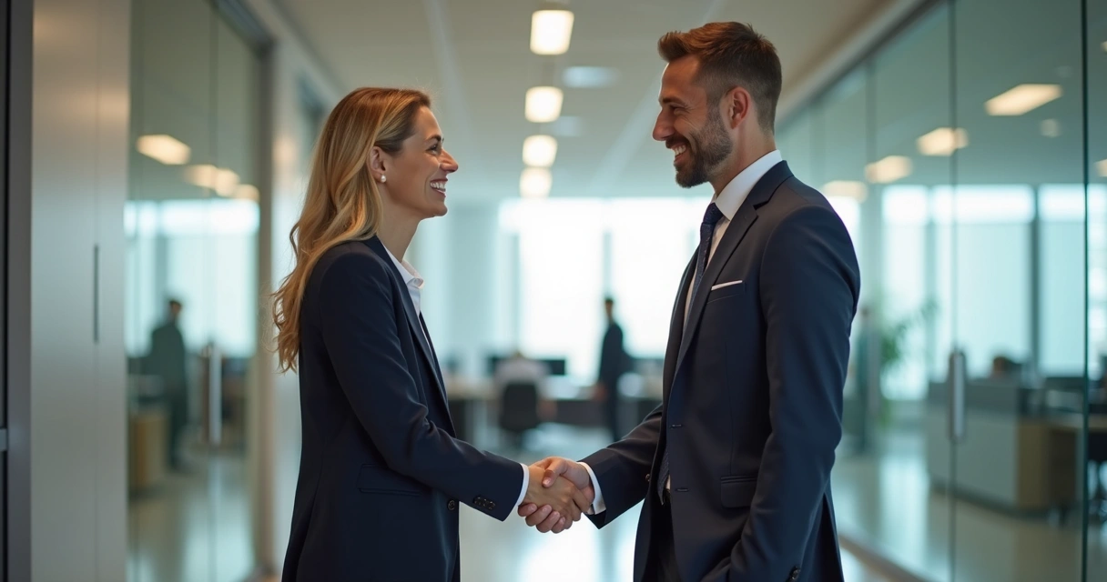 Dois colegas de trabalho se cumprimentando com cordialidade e sorriso, mostrando reconciliação. 