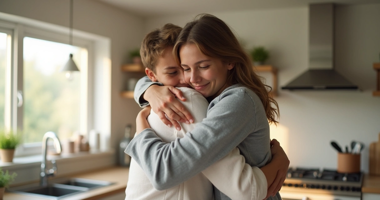 Duas pessoas se abraçando em ambiente familiar, mostrando reconciliação