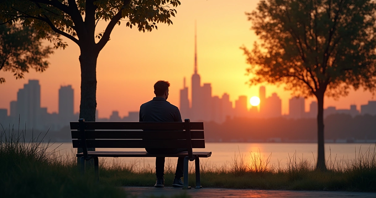 Pessoa sentada sozinha observando paisagem urbana ao entardecer 