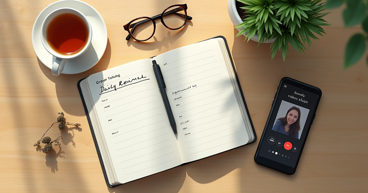 Caderno, xícara e celular em mesa com luz da manhã
