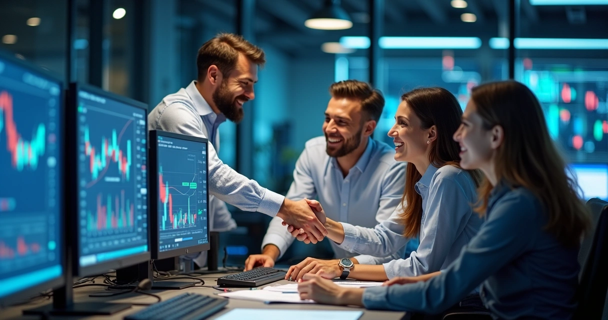Traders felizes reunidos em mesa de trabalho 
