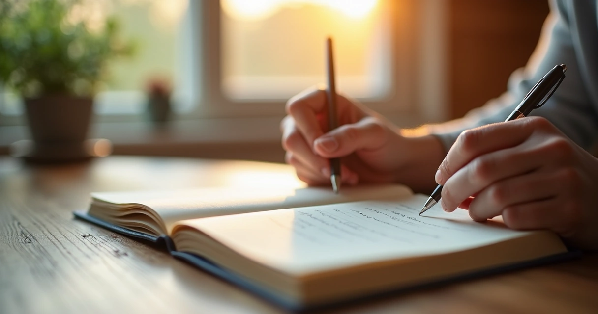 Manos escribiendo afirmaciones positivas en libreta