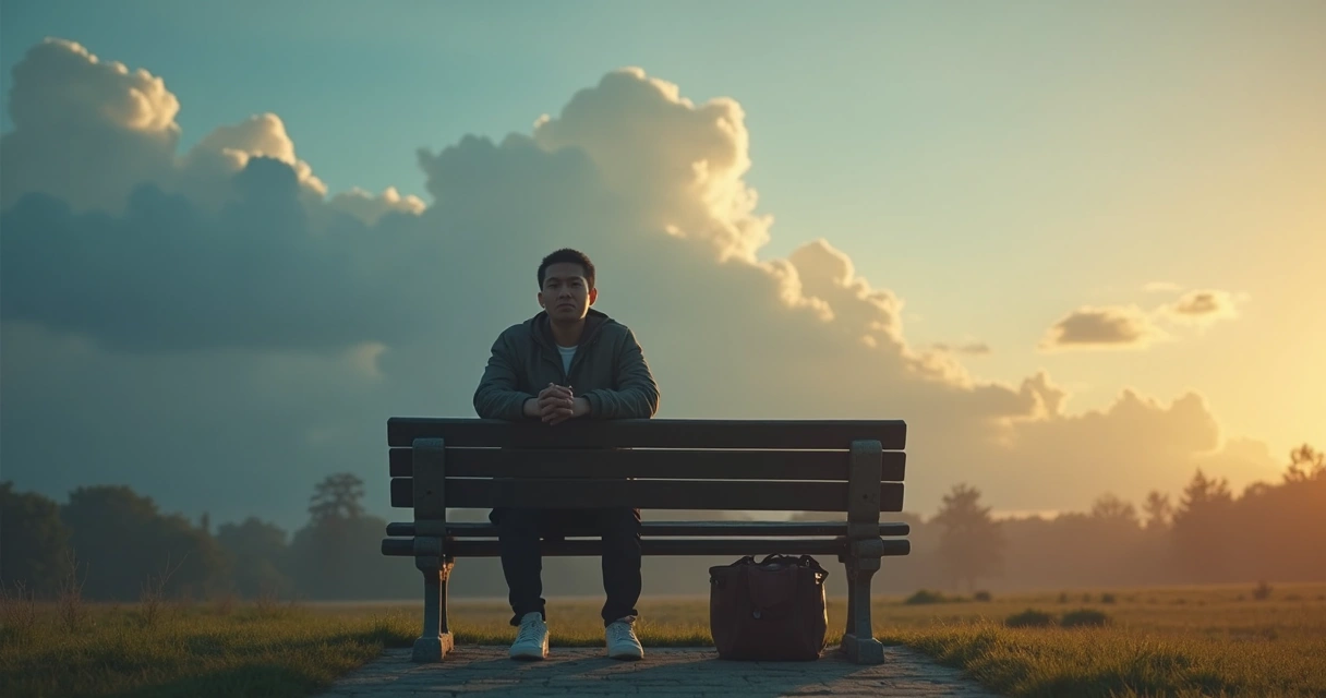Persona sentada en un parque cambiando de expresión seria a sonriente