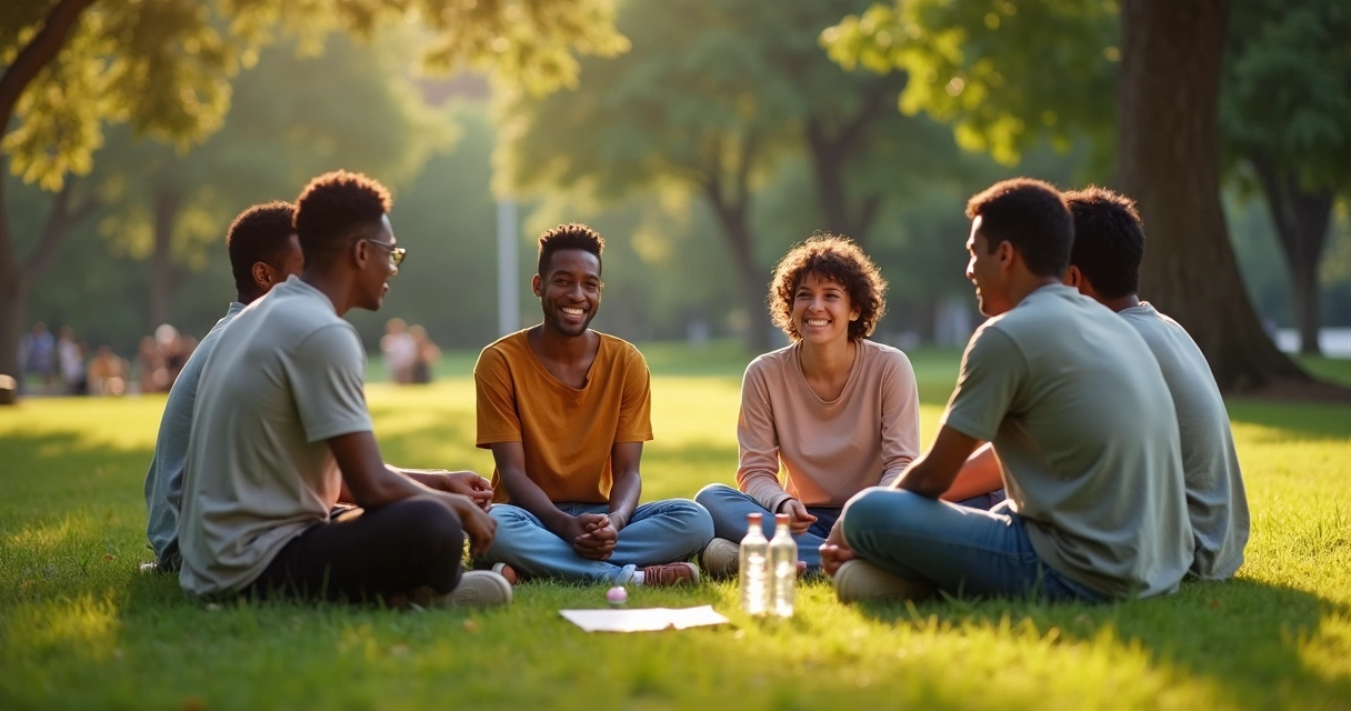Grupo diverso sentado en círculo en el césped retomando conversación tranquila 