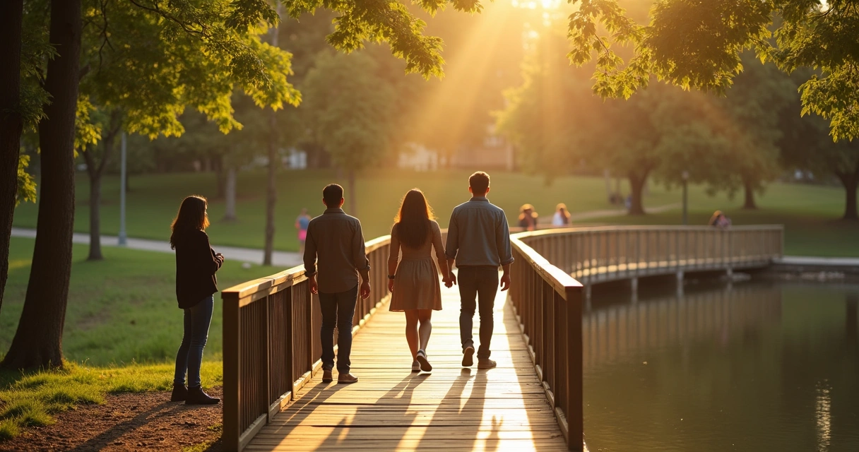 Grupo de personas reencontrándose en un puente de madera iluminado al atardecer 