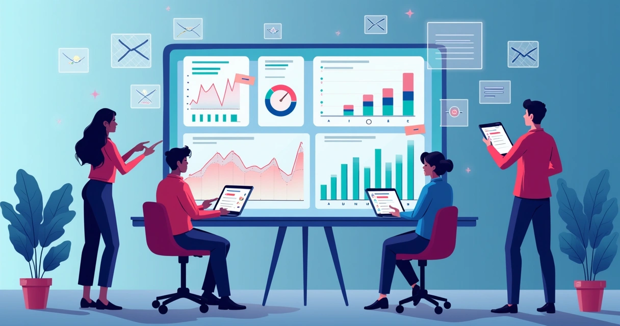 Ilustração de uma equipe analisando dados em um dashboard digital
