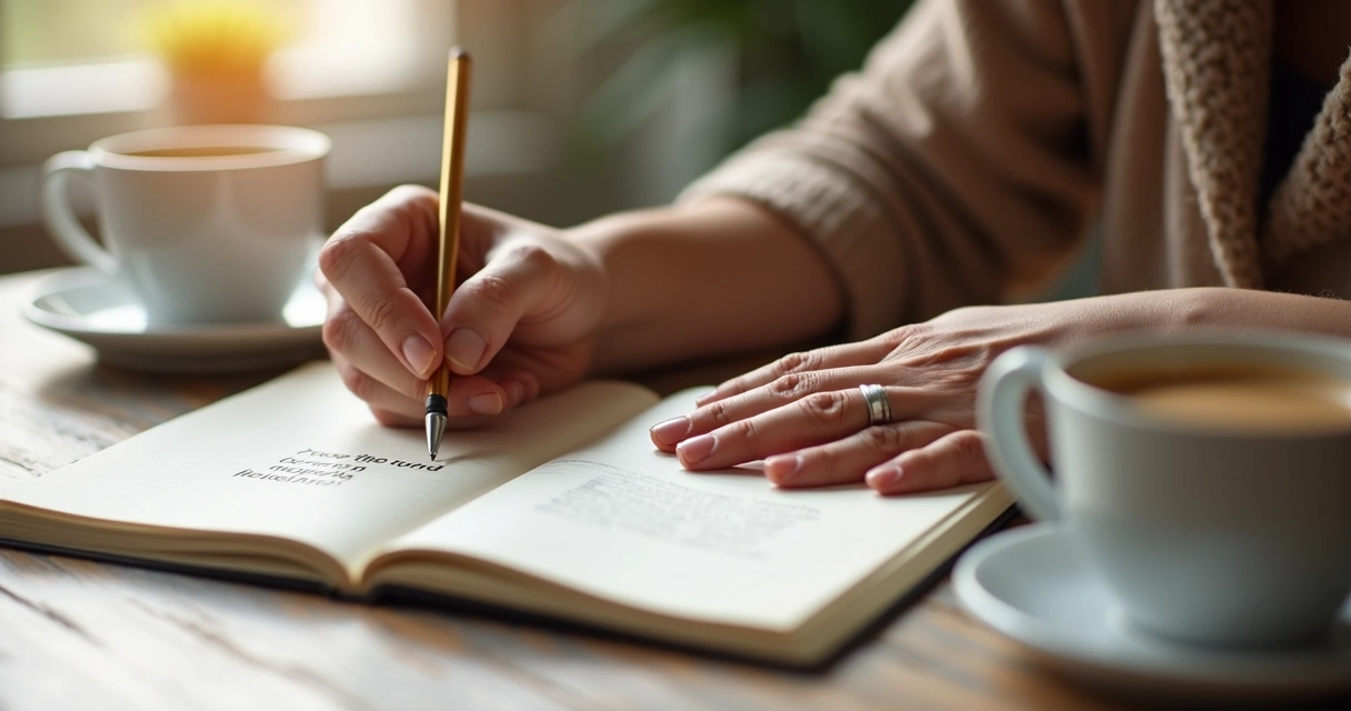 Pessoa escrevendo frase positiva em caderno 