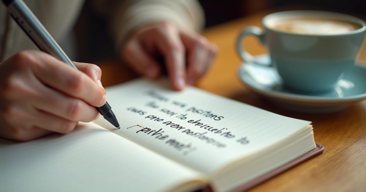 Manos escribiendo en un cuaderno con textos positivos y tachaduras de frases negativas 