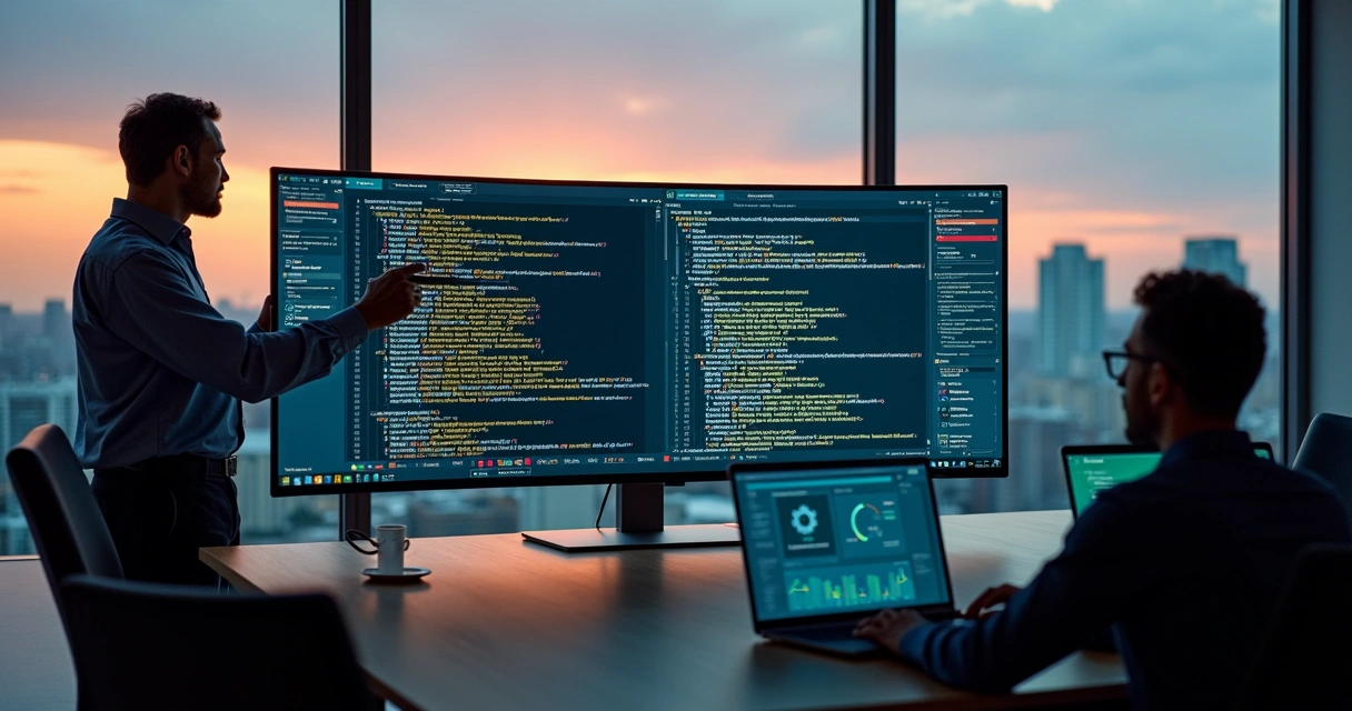 Equipe de tecnologia analisando código legado em múltiplas telas 