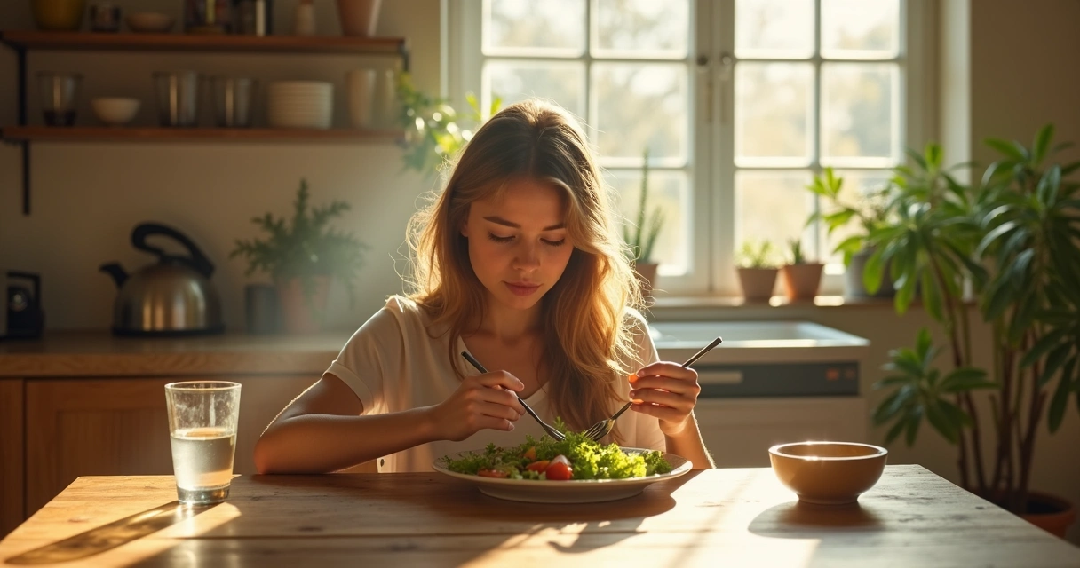 Pessoa comendo de forma atenta, observando o prato 
