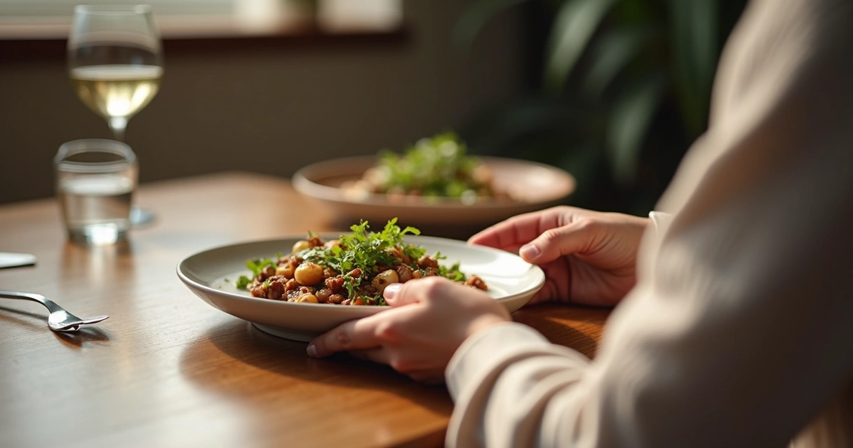 Refeição simples em mesa com atenção plena ao comer