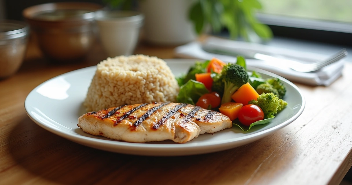 Refeição balanceada com proteínas, carboidratos e vegetais em um prato branco