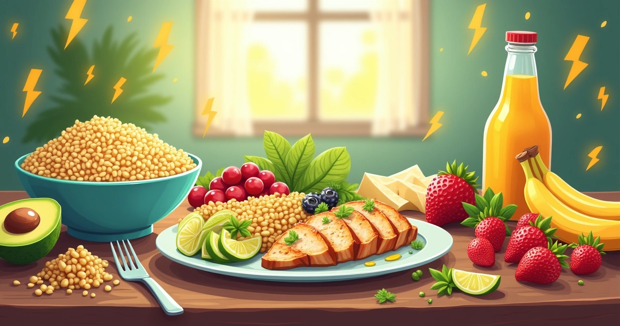 Ilustração de uma refeição balanceada com arroz integral, frango grelhado, abacate, e frutas coloridas sobre uma mesa de madeira.