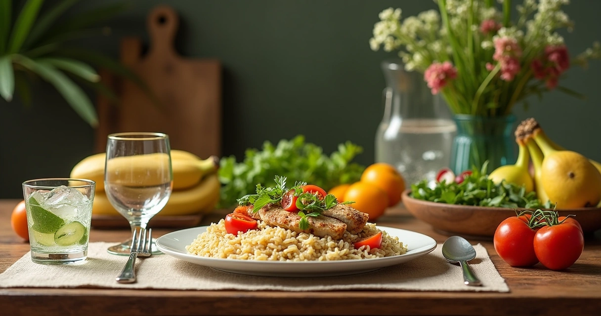 Mesa decorada com prato de arroz integral, peito de frango e salada fresca, com copo de água, frutas e legumes.