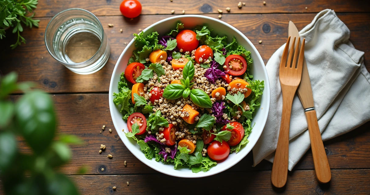 Prato colorido com alimentos naturais em mesa de madeira 