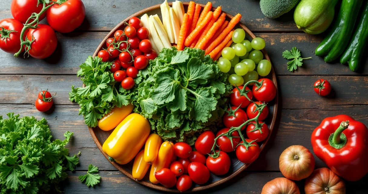 Prato com alimentos coloridos e frescos, legumes, verduras e frutas organizados cuidadosamente.