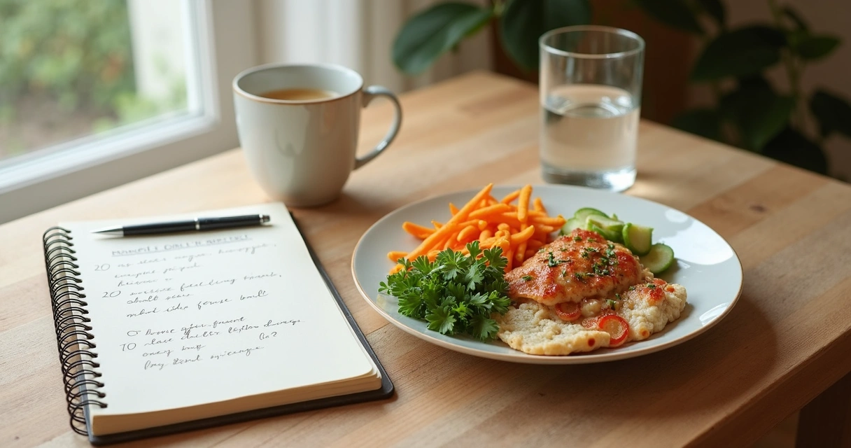 Mesa com refeição simples e caderno de anotações 