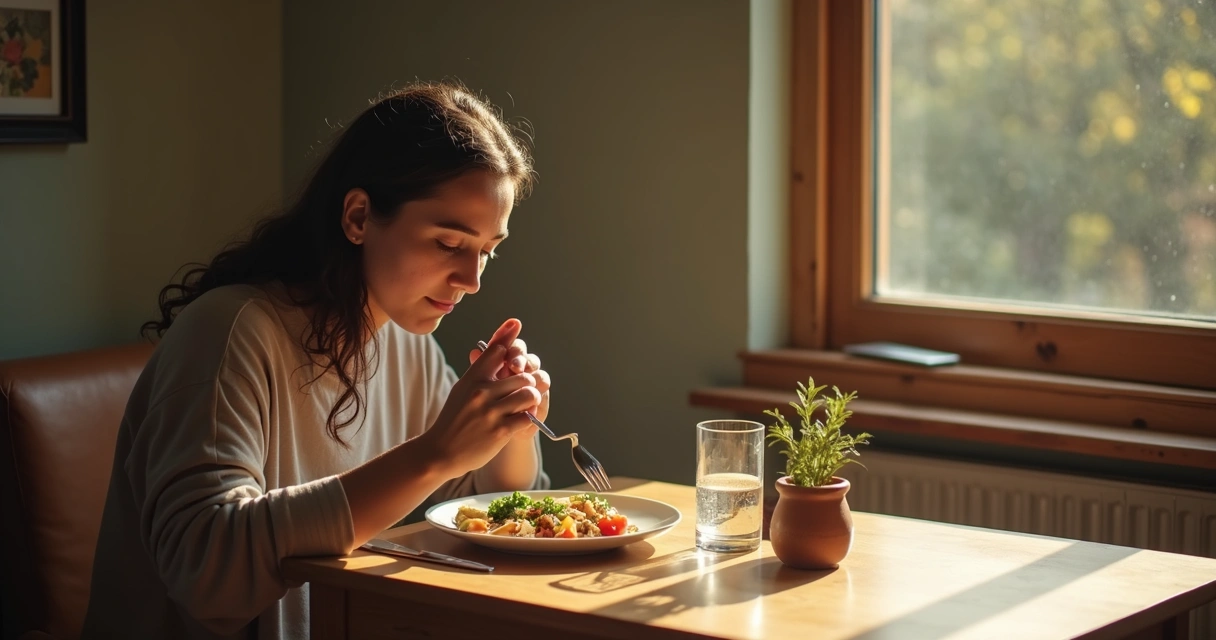 Pessoa comendo devagar à mesa, olhando para o prato 