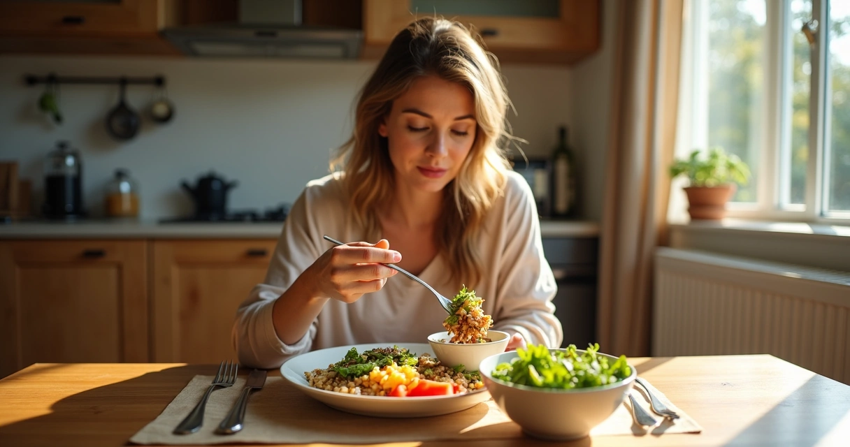Pessoa sentada à mesa apreciando calmamente uma refeição colorida 