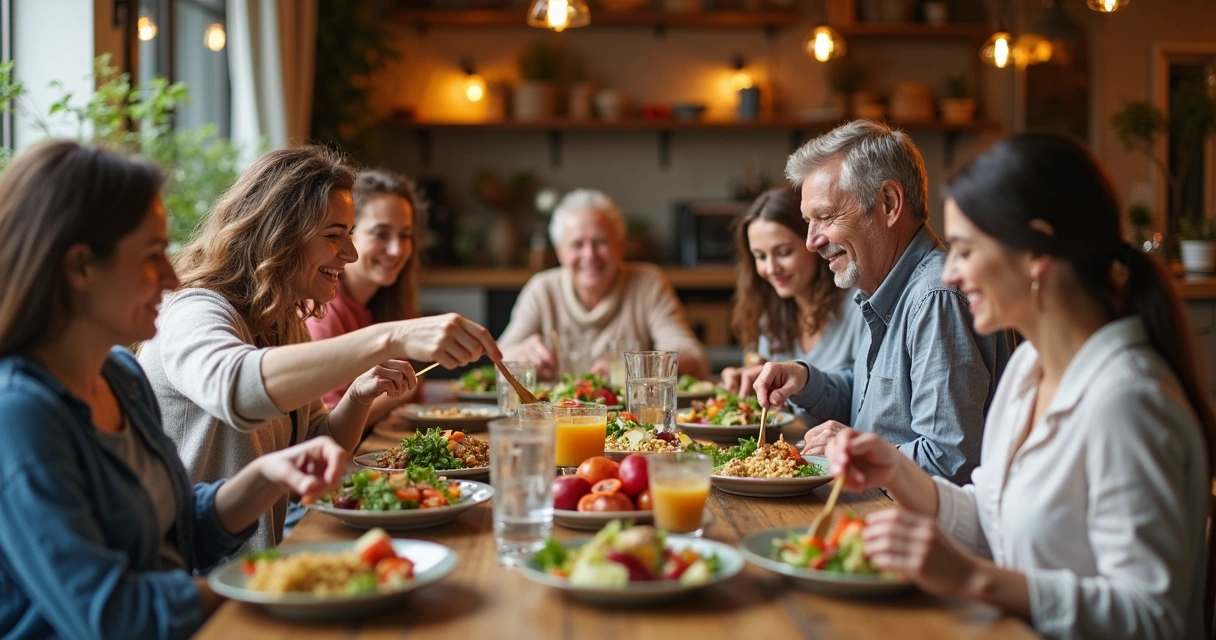 Pessoas sentadas à mesa com pratos coloridos e variados