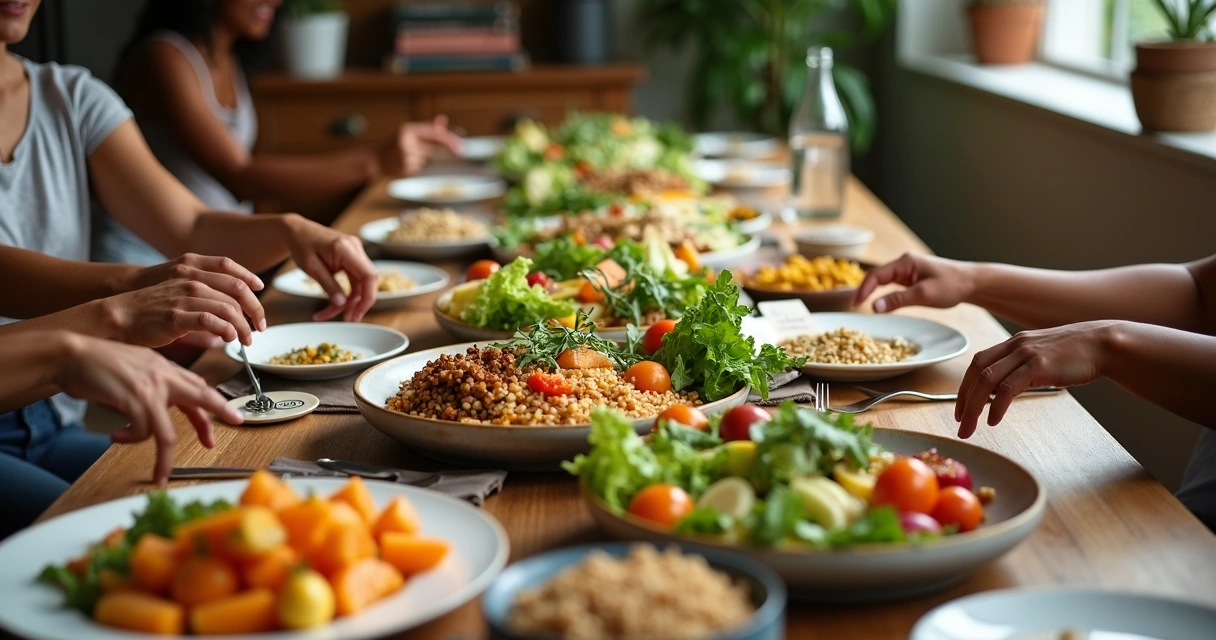 Mesa comunitária com refeição colorida e mão escolhendo alimento vegetal com cuidado 