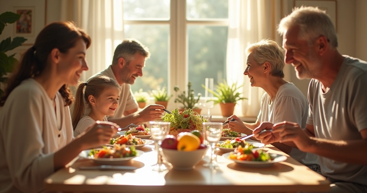 Família em volta da mesa apreciando refeição sem celulares visíveis 