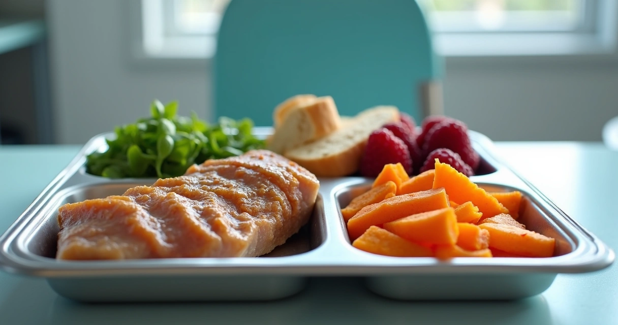 Bandeja com refeição equilibrada, frutas, legumes e proteínas pequenas porções distintas.
