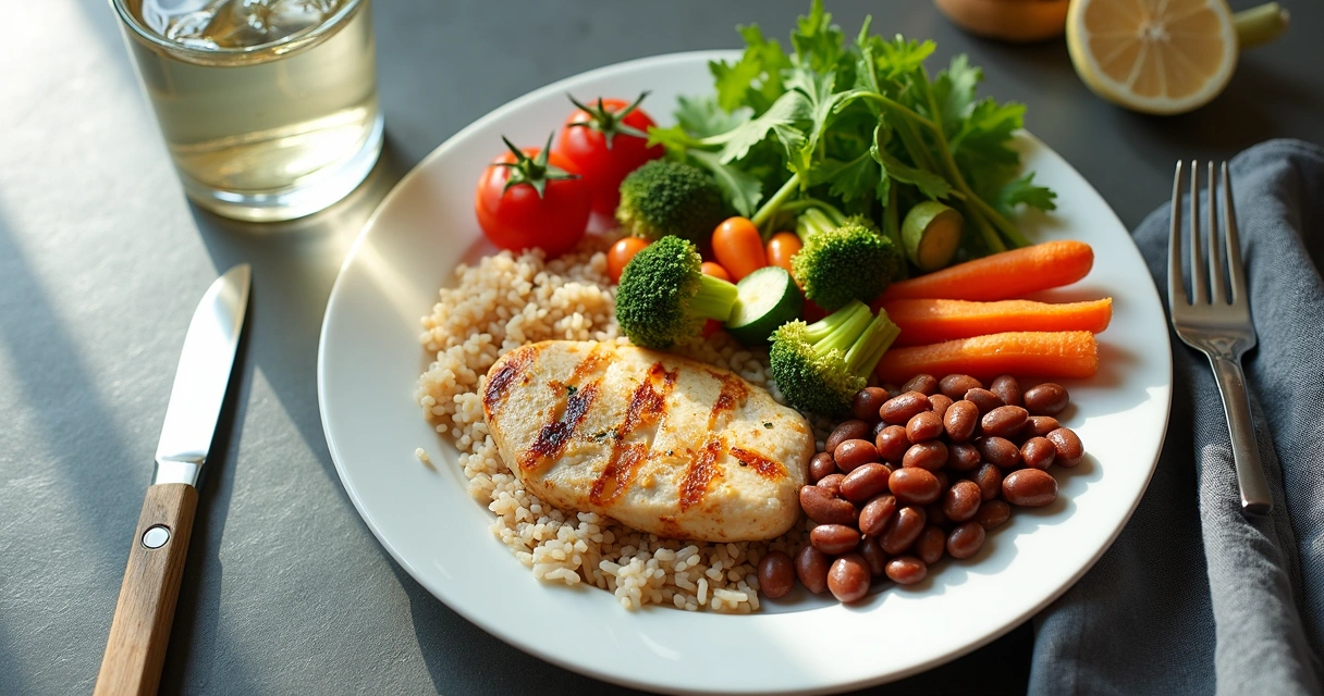 Prato com arroz integral, feijão, legumes variados, folhas verdes e grelhado de frango 