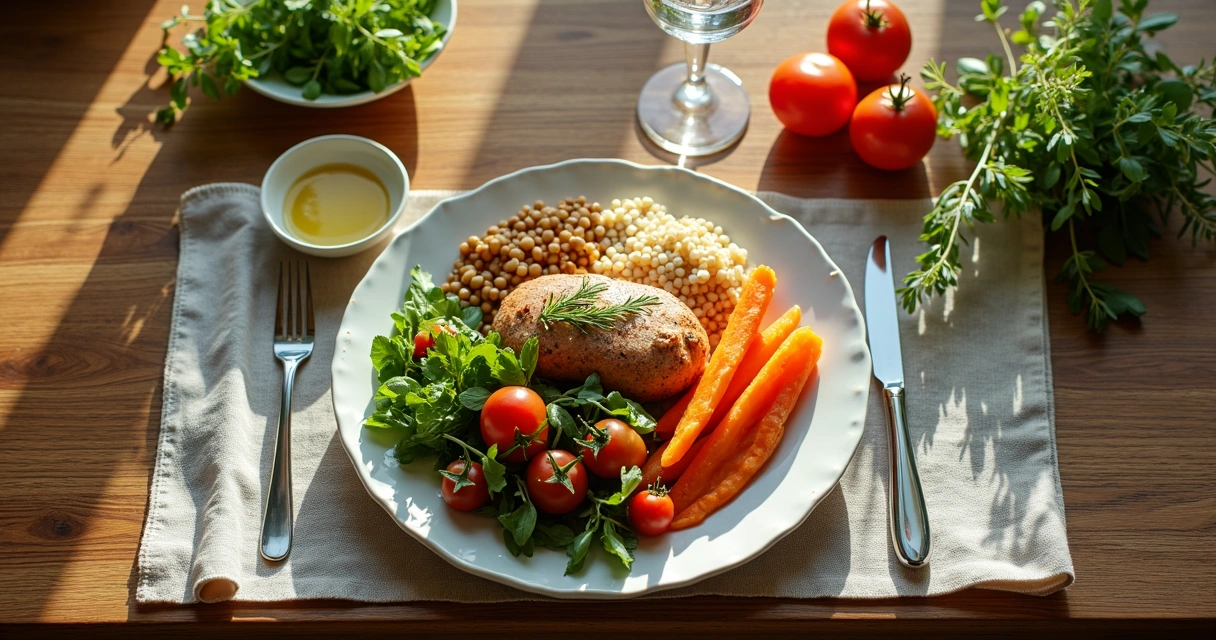 Mesa posta com refeição saudável e alimentos frescos e variados. 