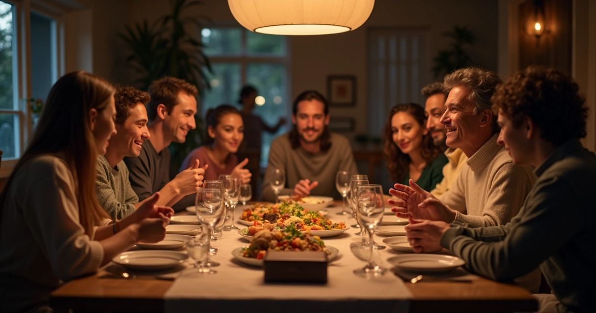 Família reunida ao redor da mesa de jantar, conversando e sorrindo 