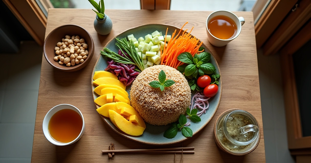 Prato com alimentos leves como vegetais, arroz integral e frutas cortadas 