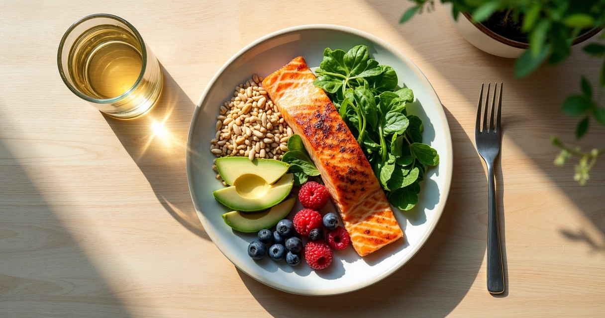 Refeição natural com vegetais, peixe e grãos em mesa clara 