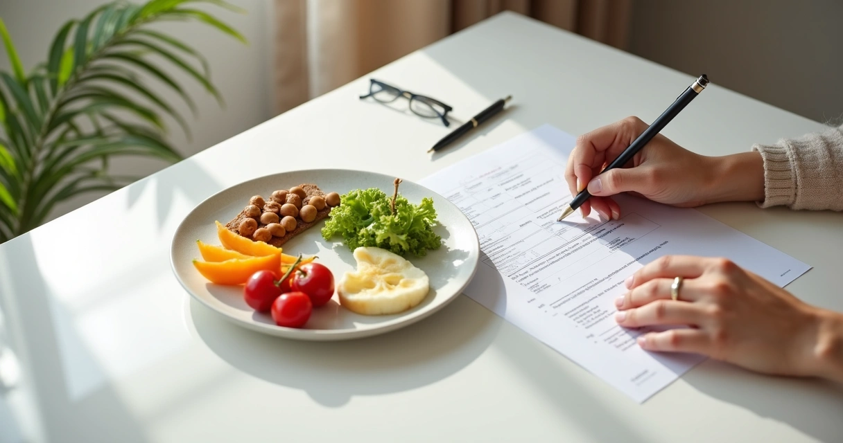 Prato simples e organizado ao lado de checklist nutricional