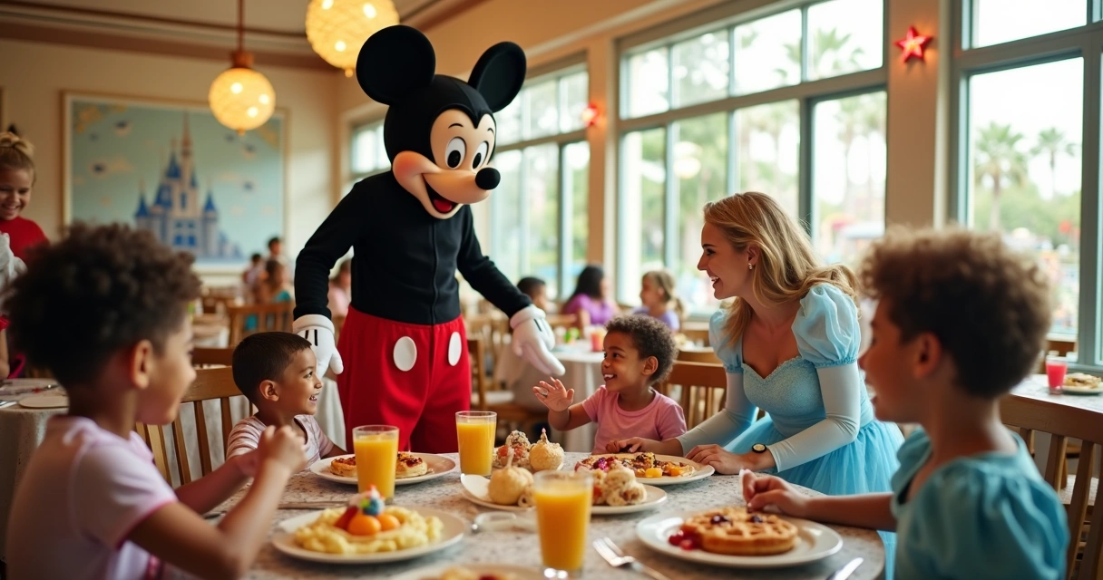 Família brasileira jantando com personagens em restaurante temático em Orlando 
