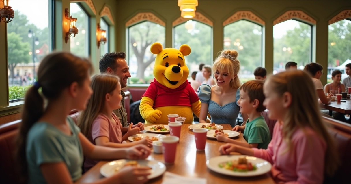 Crianças e adultos interagindo com personagens Disney durante refeição temática em restaurante colorido e animado dos parques de Orlando