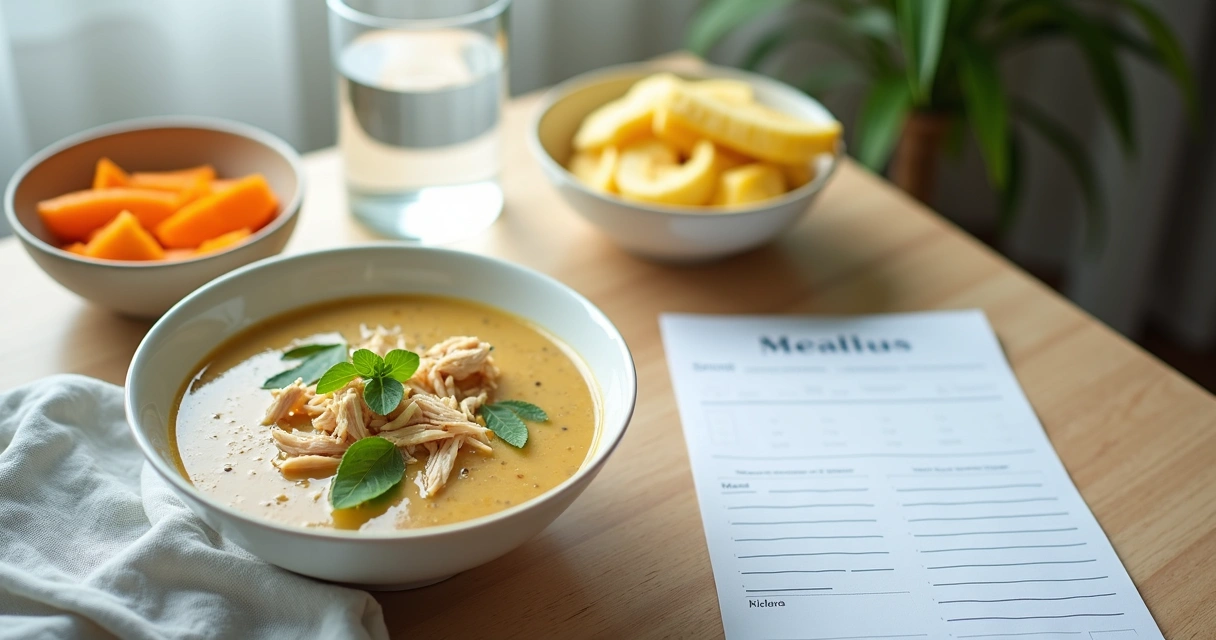 Refeição leve com sopa, água e frutas macias 