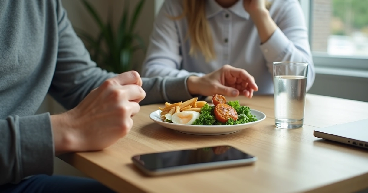 Pessoa fazendo refeição rápida com atenção em mesa simples 