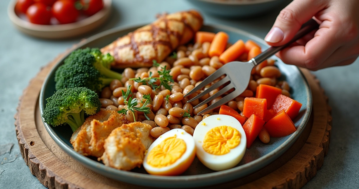 Prato com alimentos ricos em proteínas e vegetais coloridos 