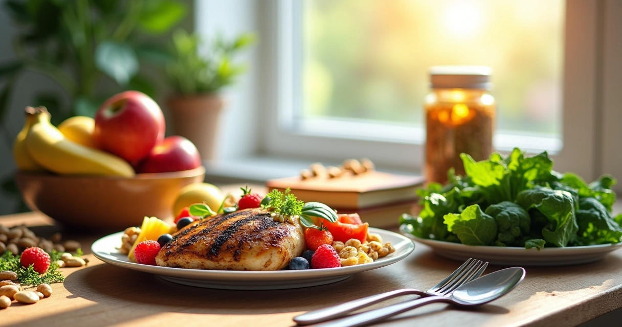 Mesa de madeira com pratos saudáveis: frutas, verduras, quinoa e frango grelhado, com suplemento e diário ao fundo.