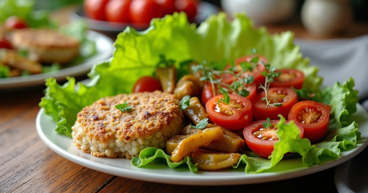 Detalhe de uma refeição saudável colorida com foco nos alimentos 