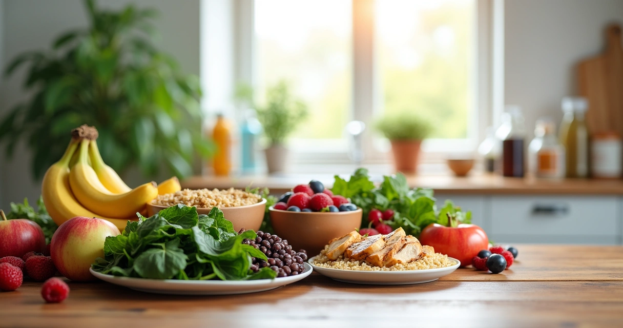 Uma refeição saudável mostrando frutas, vegetais, grãos integrais e proteínas magras em uma mesa de madeira.