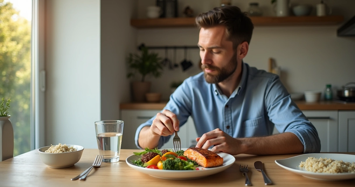 Homem almoçando refeição equilibrada 
