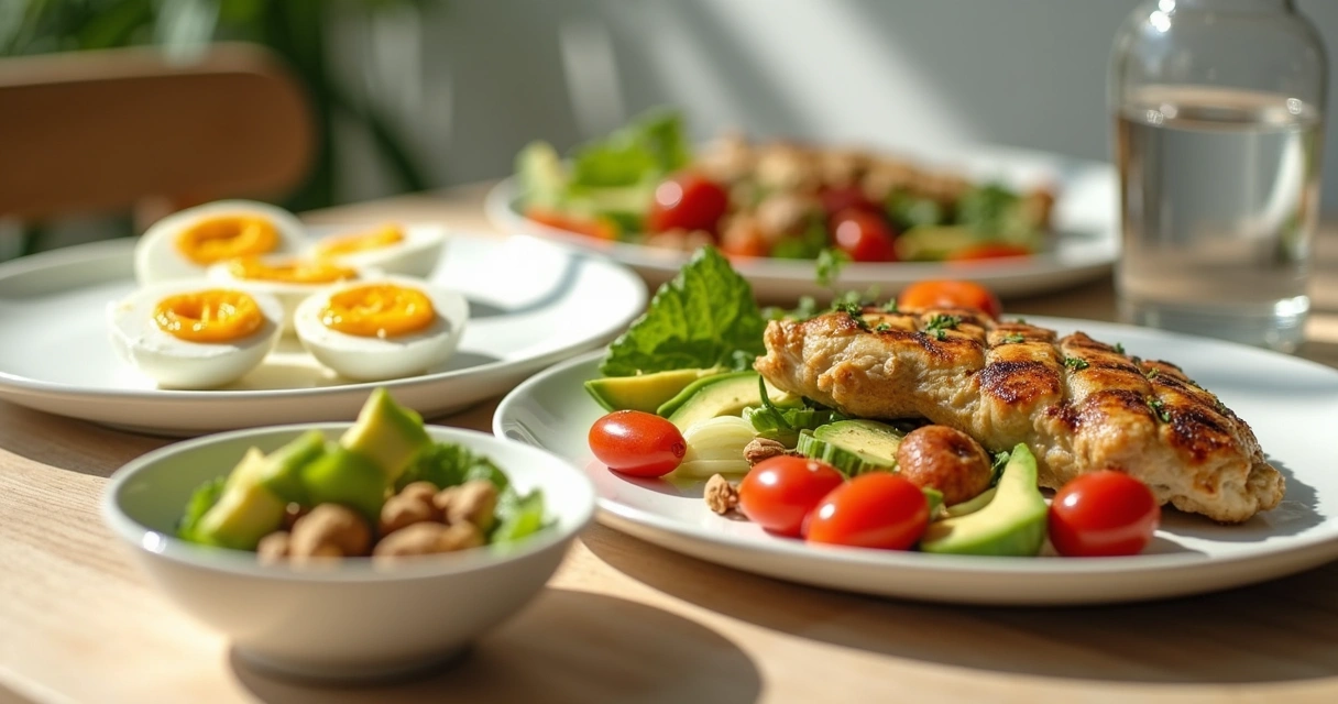 Mesa posta com alimentos saudáveis para quebrar o jejum, como ovos, vegetais e água. 