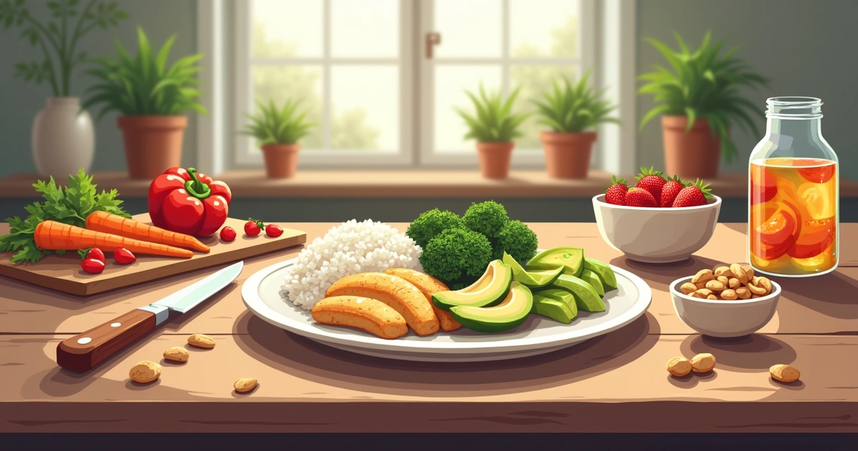 Prato colorido com arroz, frango, brócolis e abacate, rodeado de frutas e vegetais frescos em uma mesa rústica.