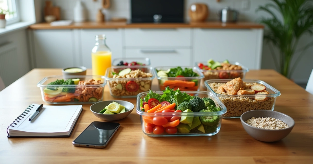 Mesa com refeição saudável organizada em porções para emagrecimento consciente 