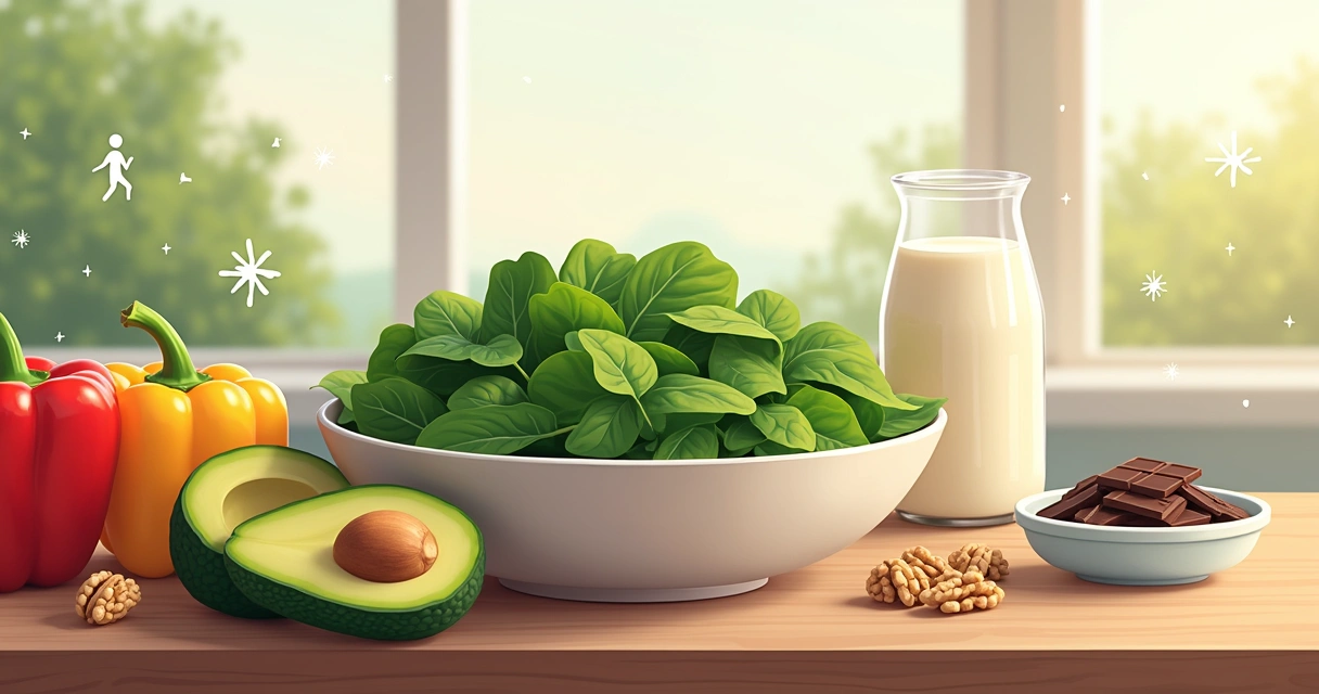 Refeição saudável com alimentos ricos em magnésio como espinafre, abacate e nozes sobre uma mesa de madeira.