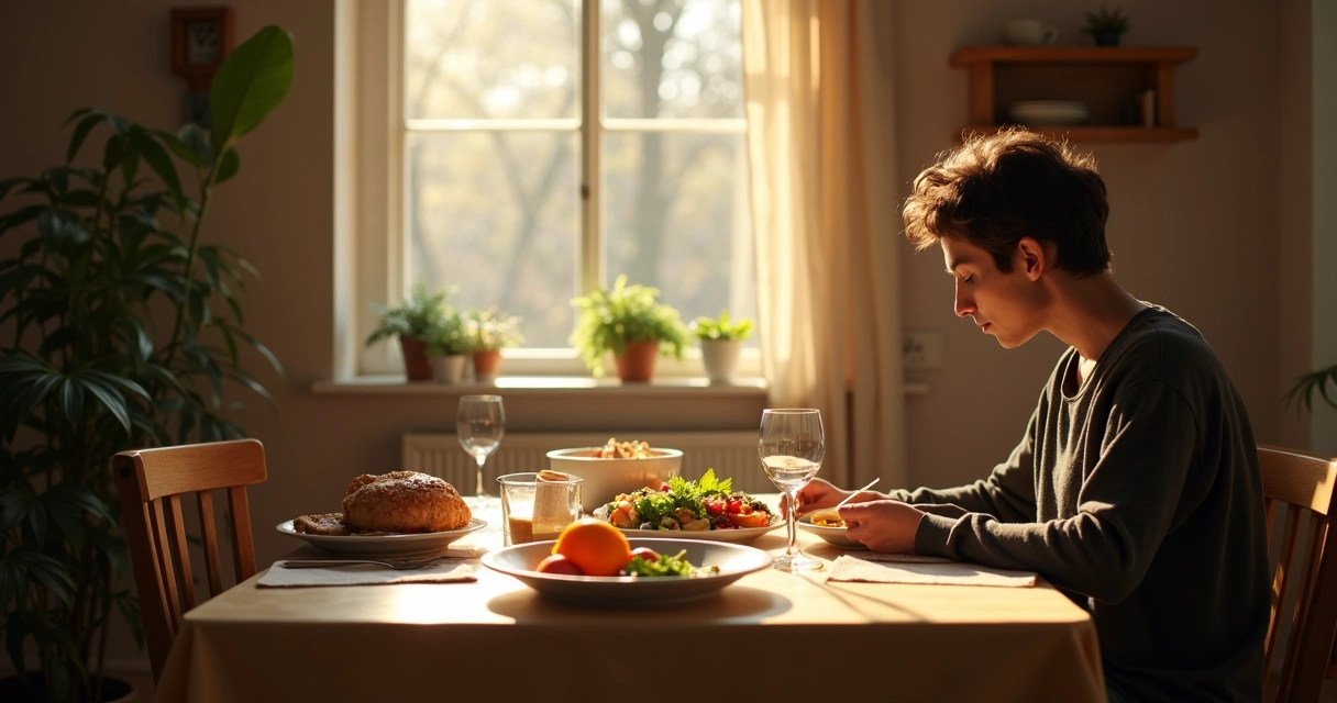 Pessoa comendo sem celular ou tela à mesa 