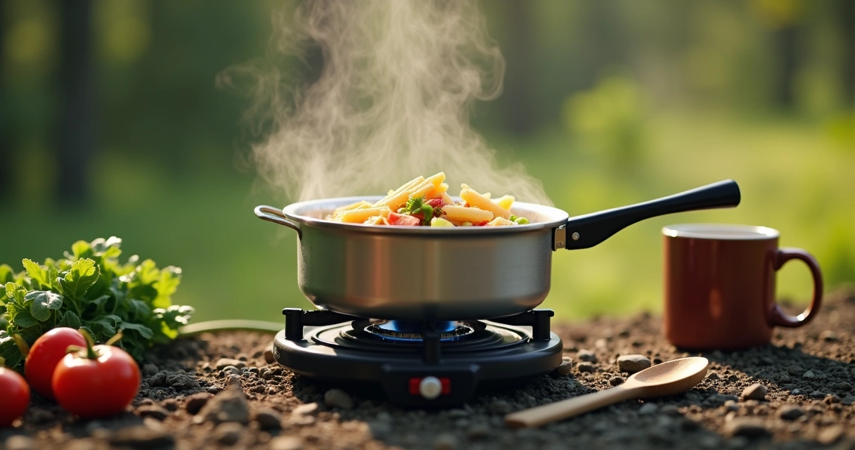 Refeição simples com macarrão e legumes em panela de camping sobre fogareiro. 